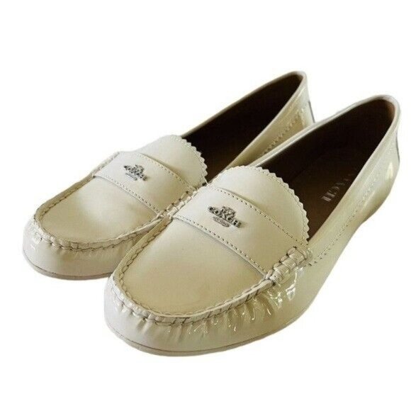 Coach Shoes - COACH Odette Solid Ivory Patent Leather Driver Loafer Silver Logo Size 6.5